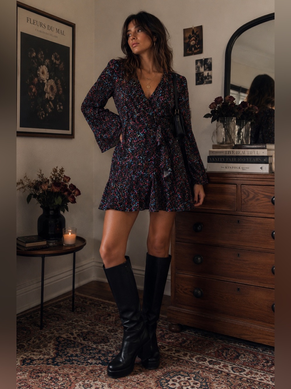 Parker Floral Faux Wrap Mini Dress Size L Black Bell Sleeve Ruffle